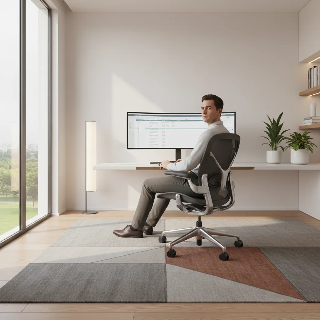 Person sitting correctly in ergonomic office chair at desk with neutral posture