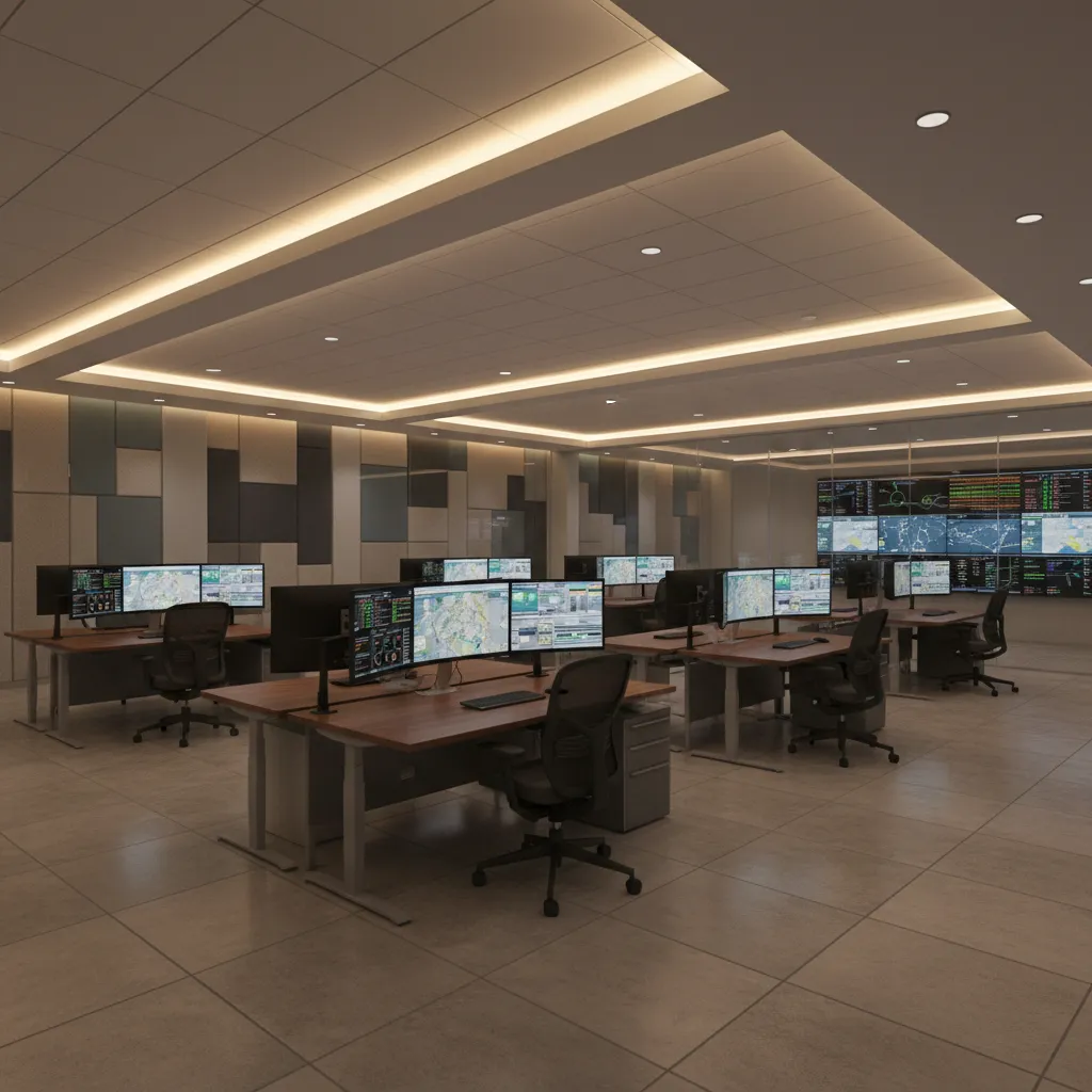 ergonomic workstations and lighting design inside emergency command center