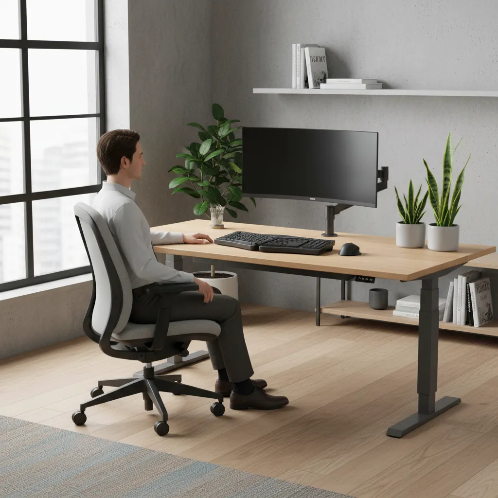 ergonomic desk setup showing healthy sitting posture alignment