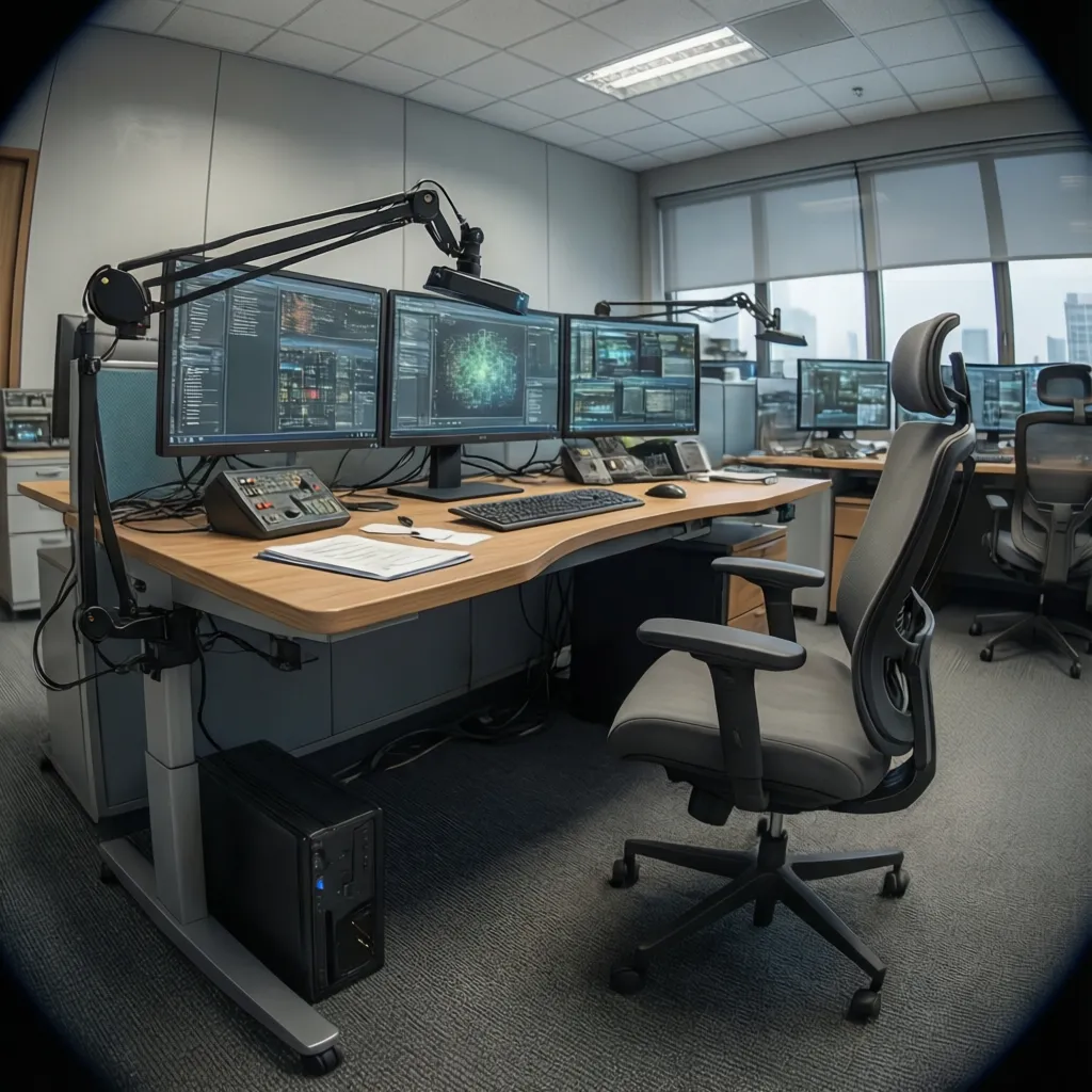 Ergonomic adjustable dispatch workstation with multiple monitors