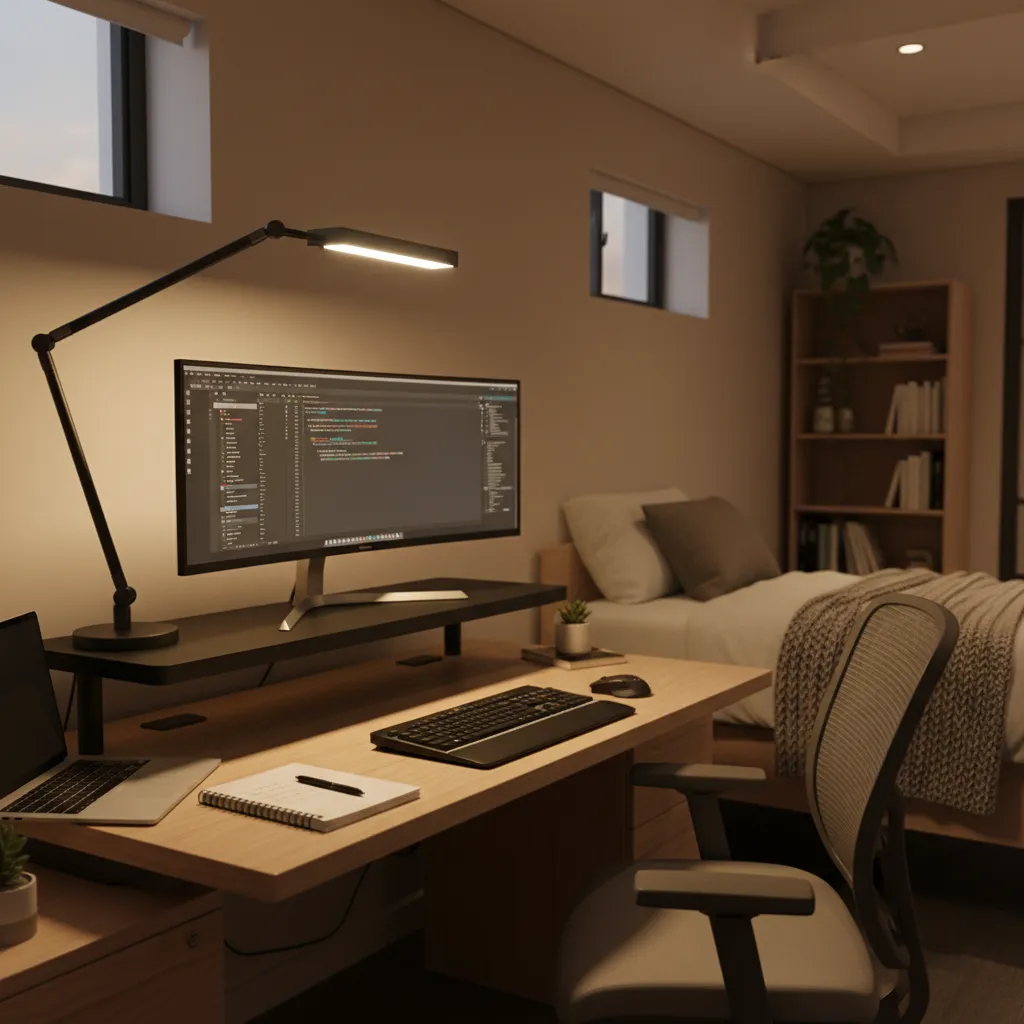 Dorm desk with ergonomic monitor height and LED study lamp