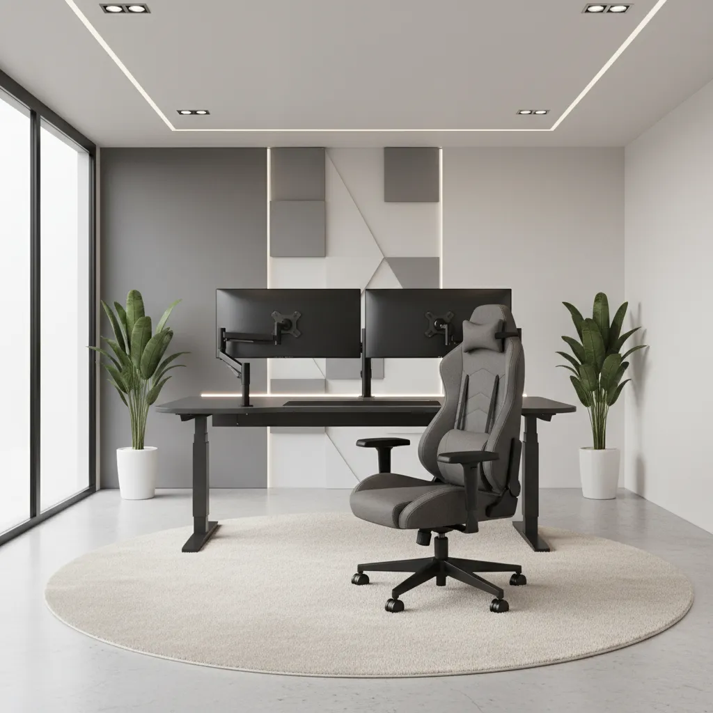 Ergonomic gaming desk and adjustable gaming chair in modern gaming room