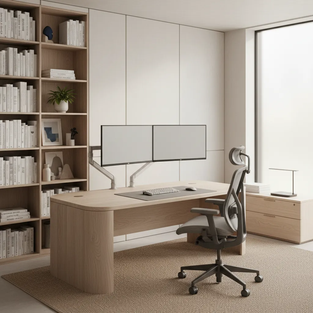 Minimalist home office with curved wooden desk, dual monitors, ergonomic chair, and tall wooden bookcase