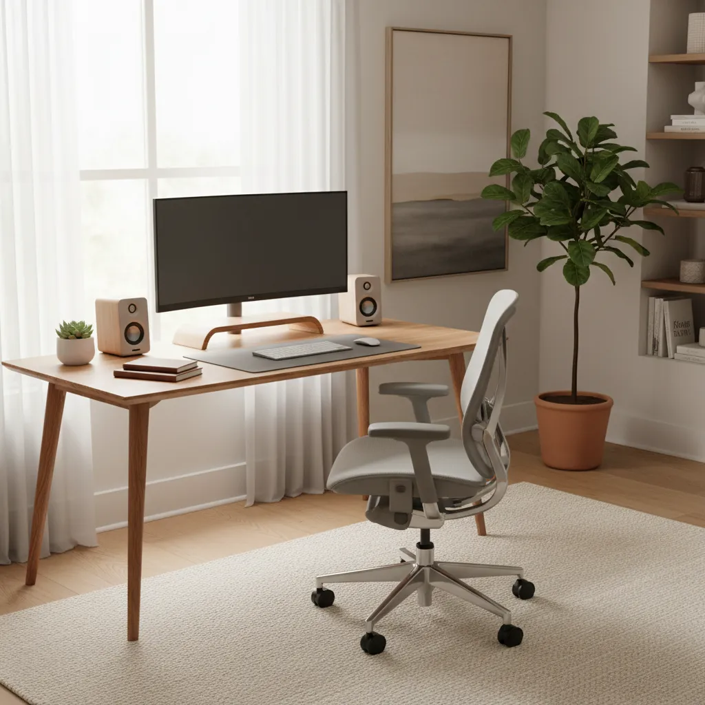 Ergonomic chair and desk setup in a comfortable home office