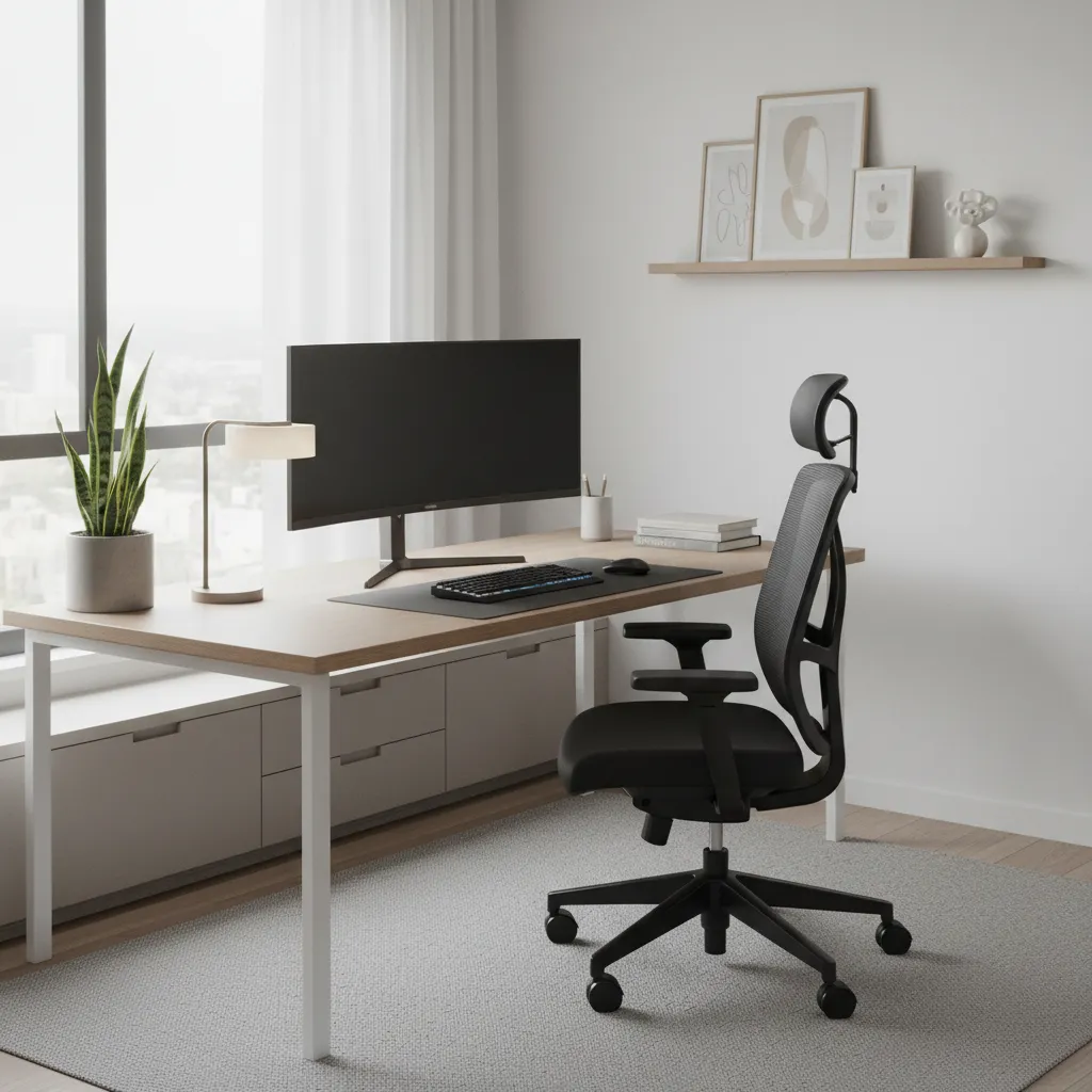 Modern home office workstation with ergonomic chair and organized desk layout