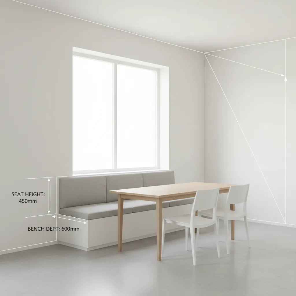 Ergonomic kitchen bench seating dimensions with cushion height and depth