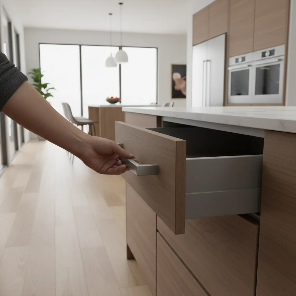 Person comfortably opening a kitchen drawer using well placed cabinet handle