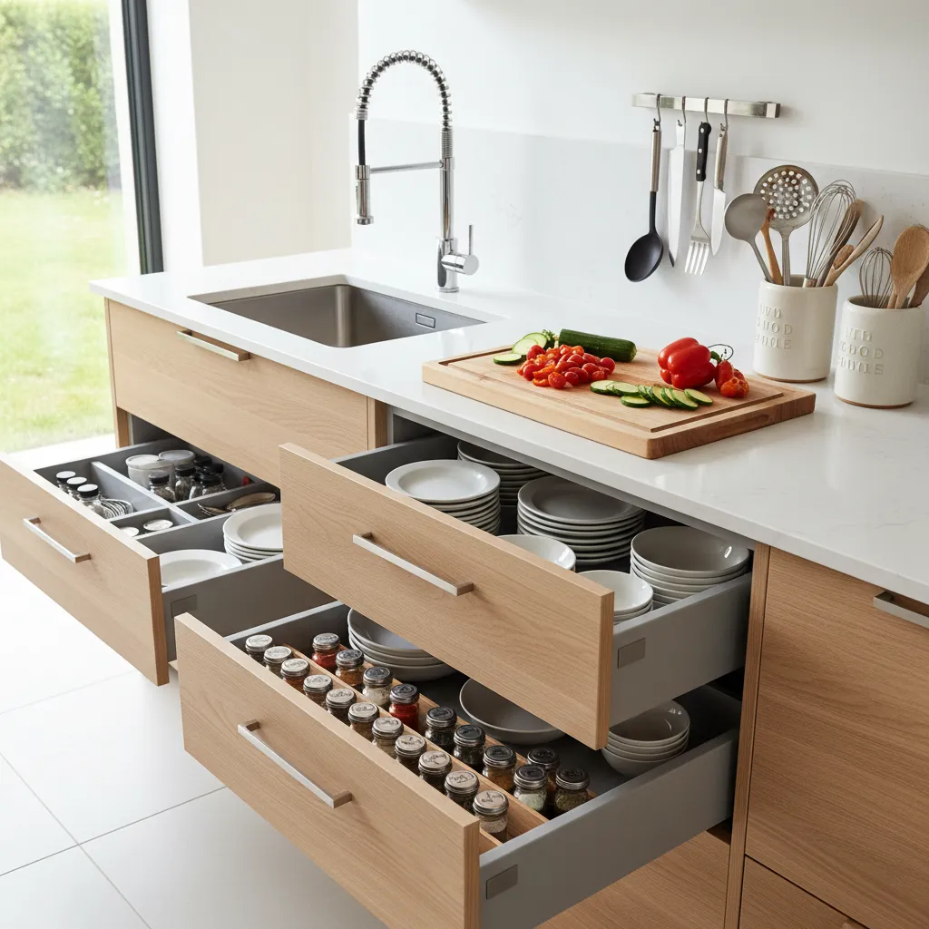ergonomic kitchen prep area with sink counter and storage within reach