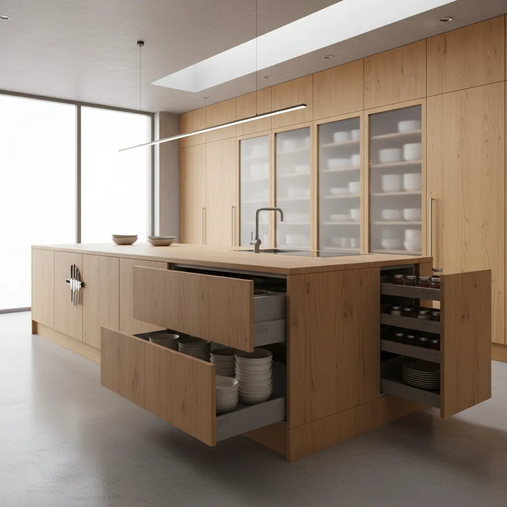 Ergonomic kitchen storage drawers and accessible island prep area