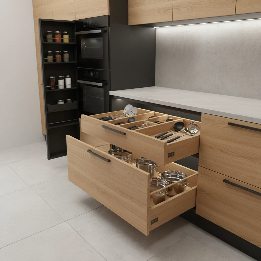 Ergonomic kitchen storage with pull-out drawers and accessible cabinets