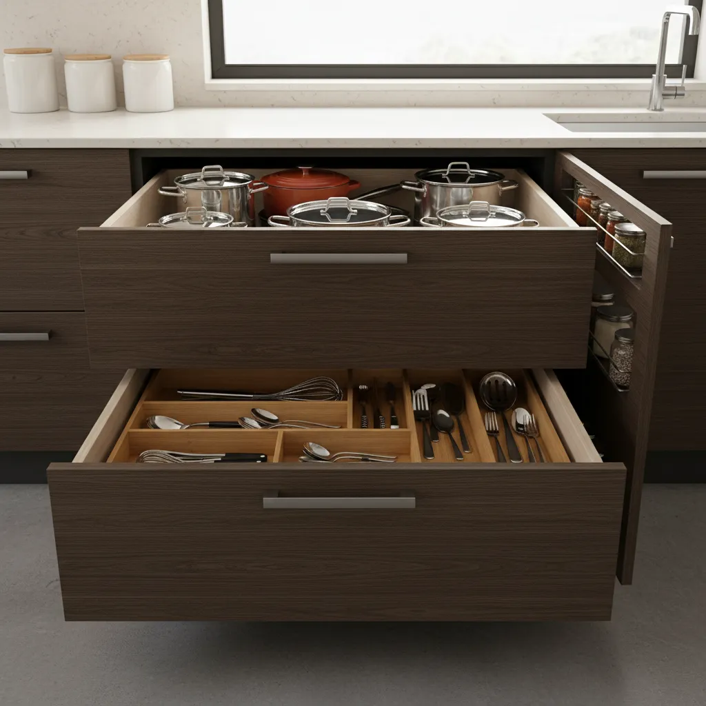 Kitchen drawers and cabinets designed at ergonomic height for safe storage access