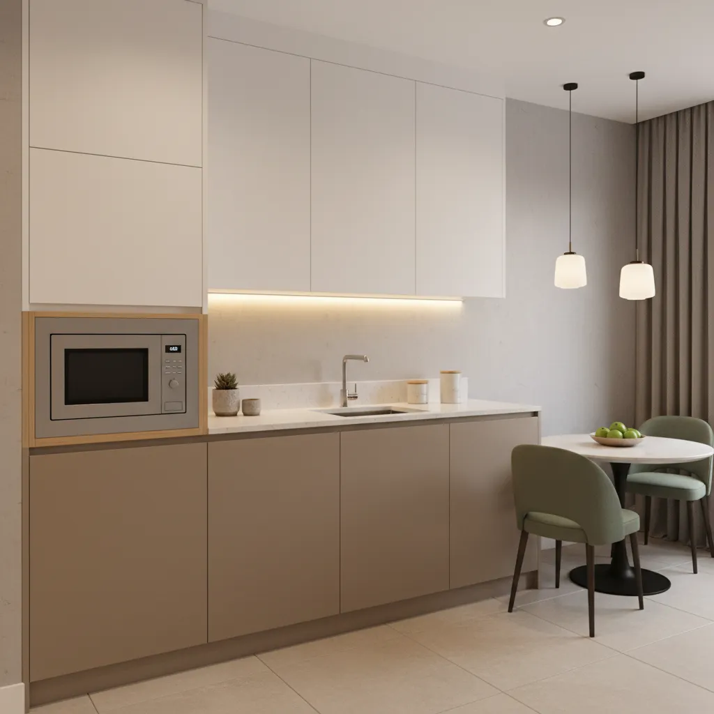 Microwave installed at comfortable height in a small kitchen cabinet shelf