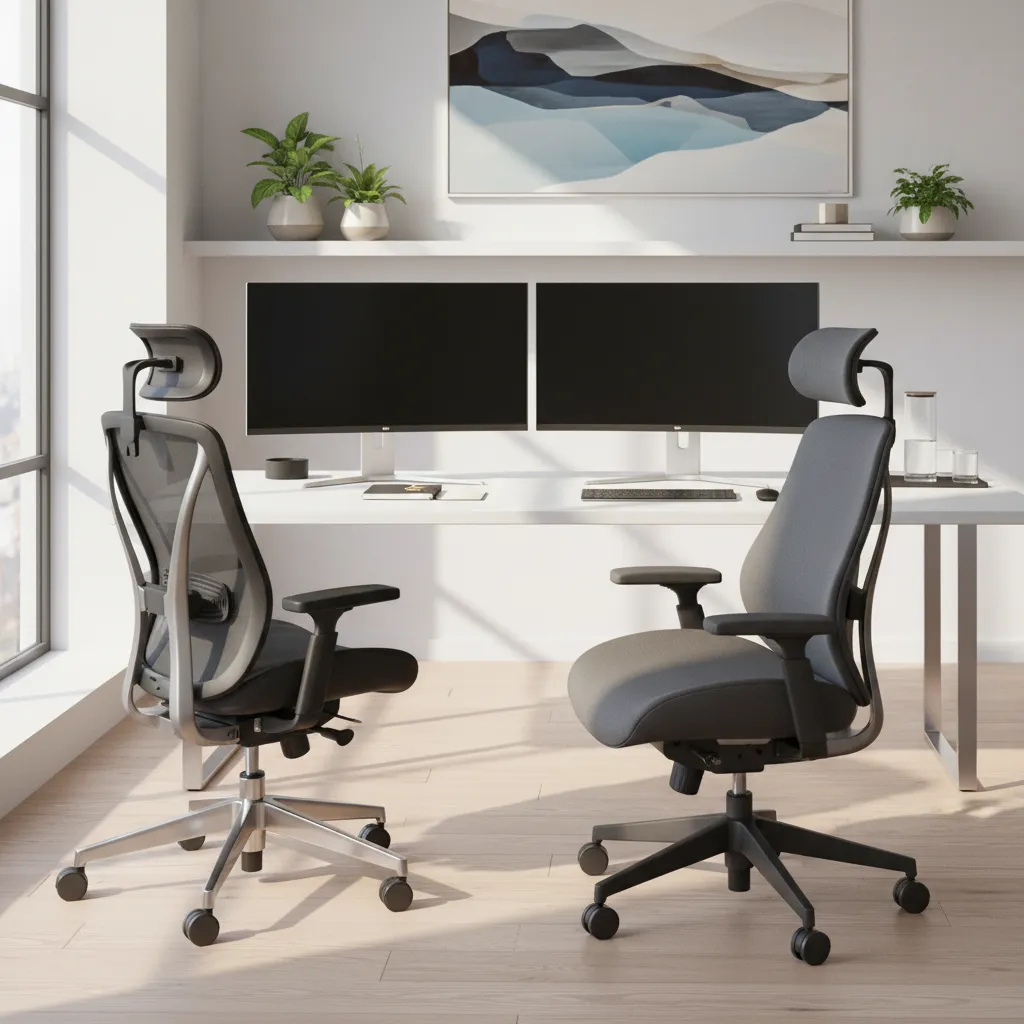 comparison of two ergonomic office chairs in a workspace environment