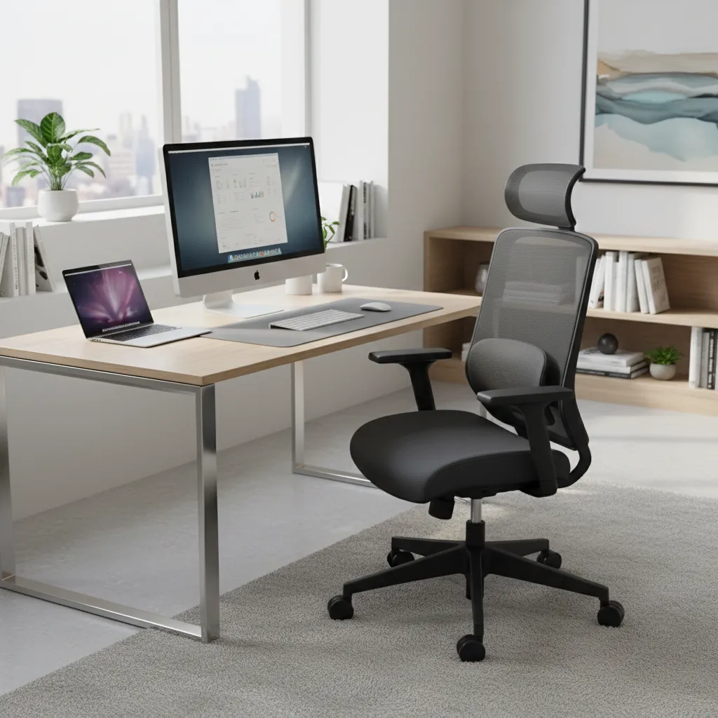 Ergonomic office chair with mesh back and adjustable arms in a functional desk setup