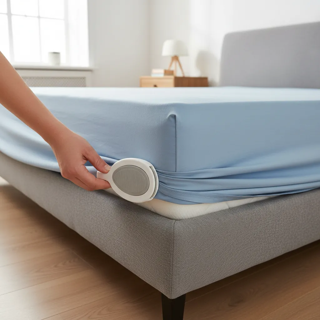 Hand installing an ergonomic fitted sheet lock clip under mattress corner