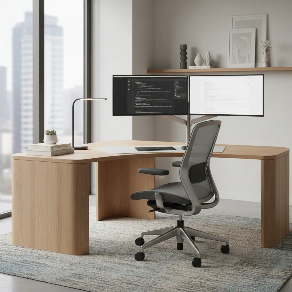 Remote tech professional workspace with ergonomic mesh office chair and dual monitors