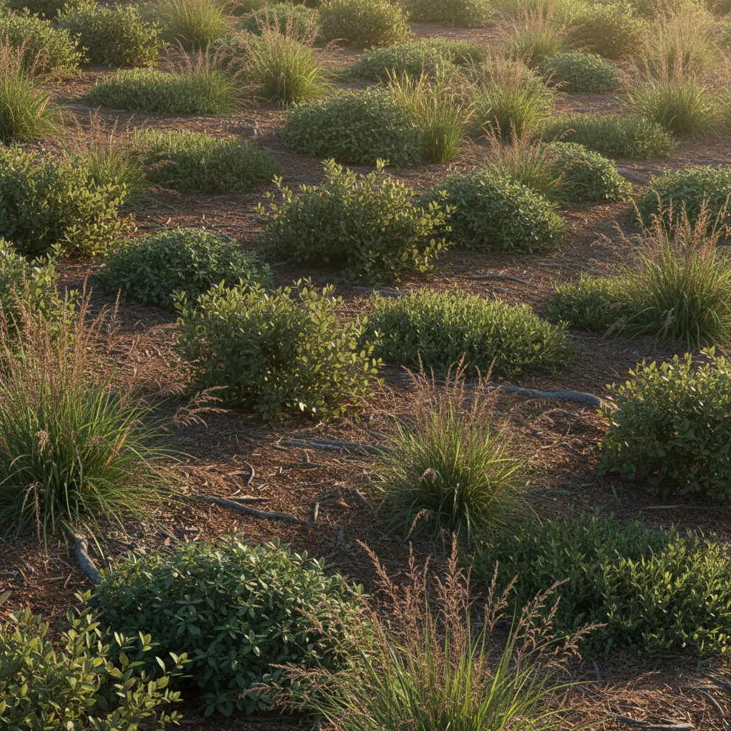 Dense ground cover and native grasses stabilizing a landscaped slope