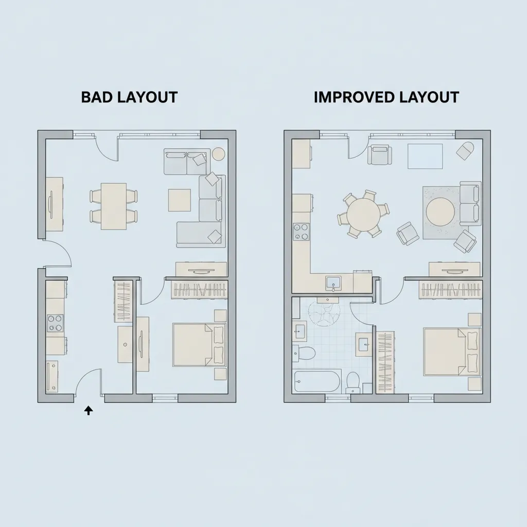 comparação de planta de casa com erro de layout e planta corrigida