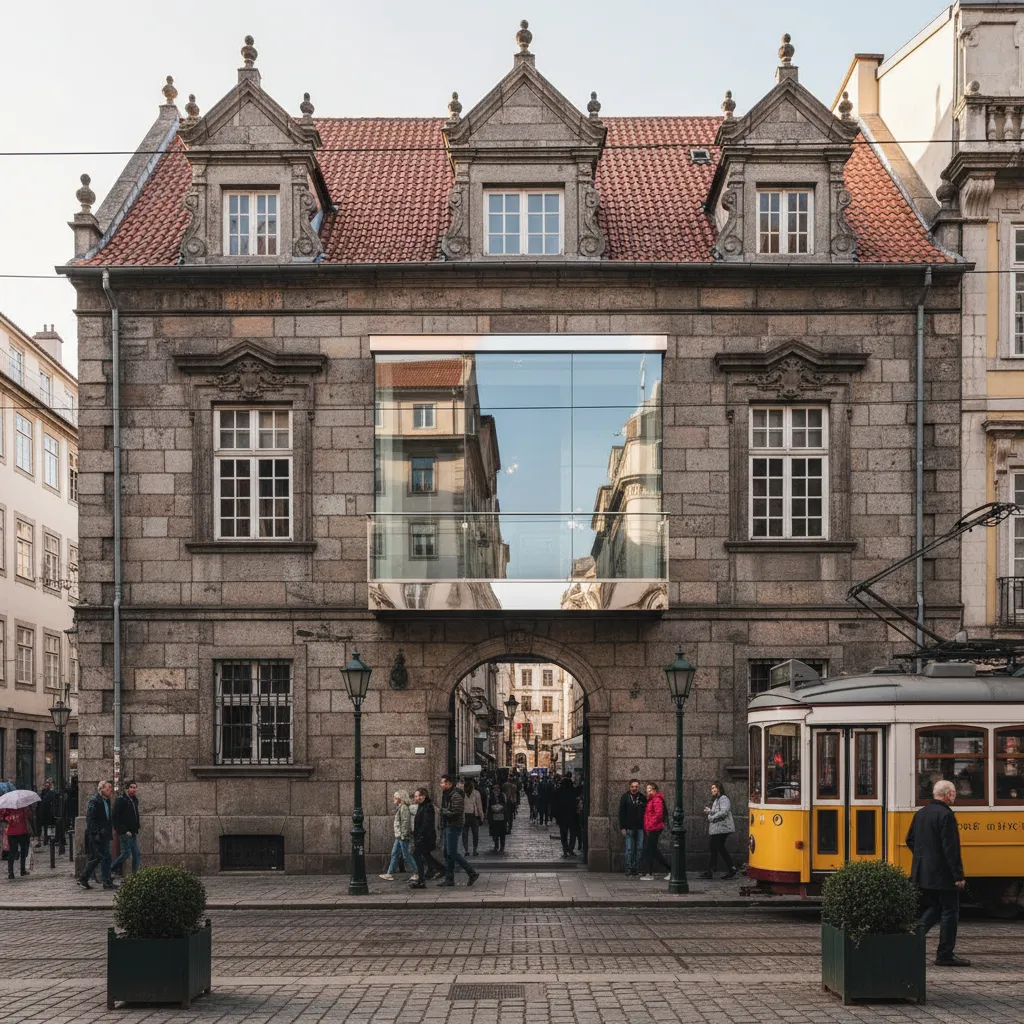 Modern glass balcony on an old stone building with a yellow tram and people walking