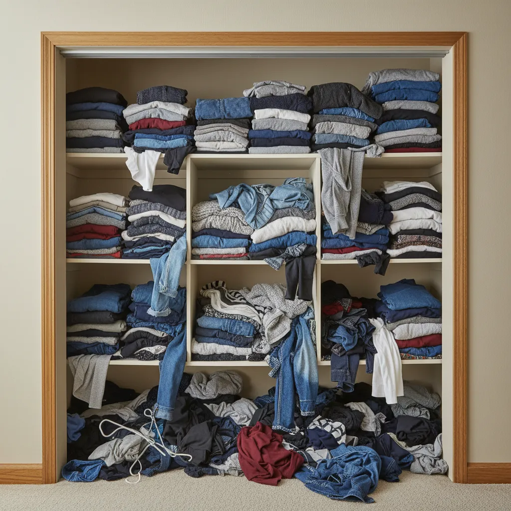 Messy walk-in closet with piles of unfolded colorful clothes overflowing from white wooden storage shelves