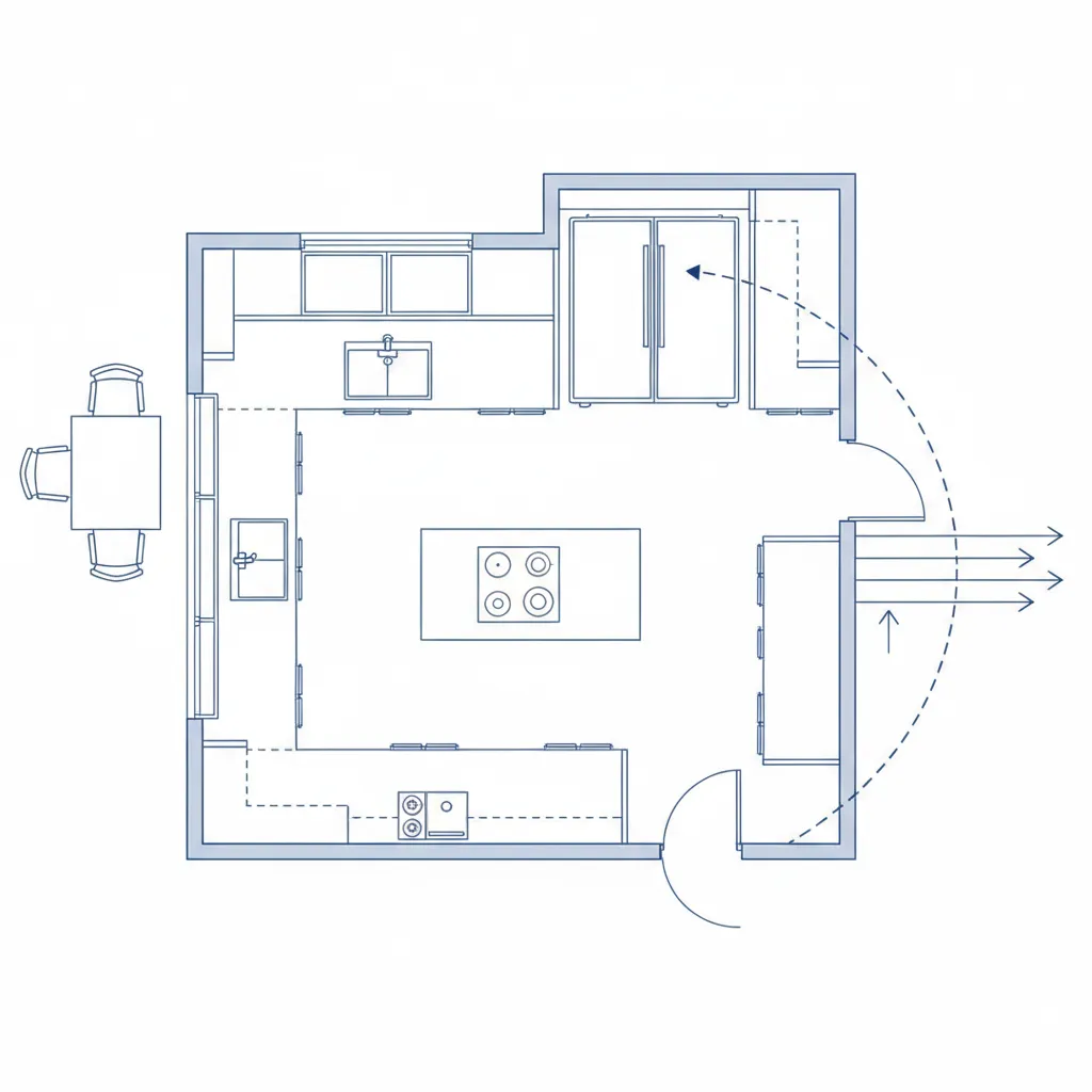 Kitchen room layout plan showing cabinet positions fridge placement and blue arrows indicating entry traffic