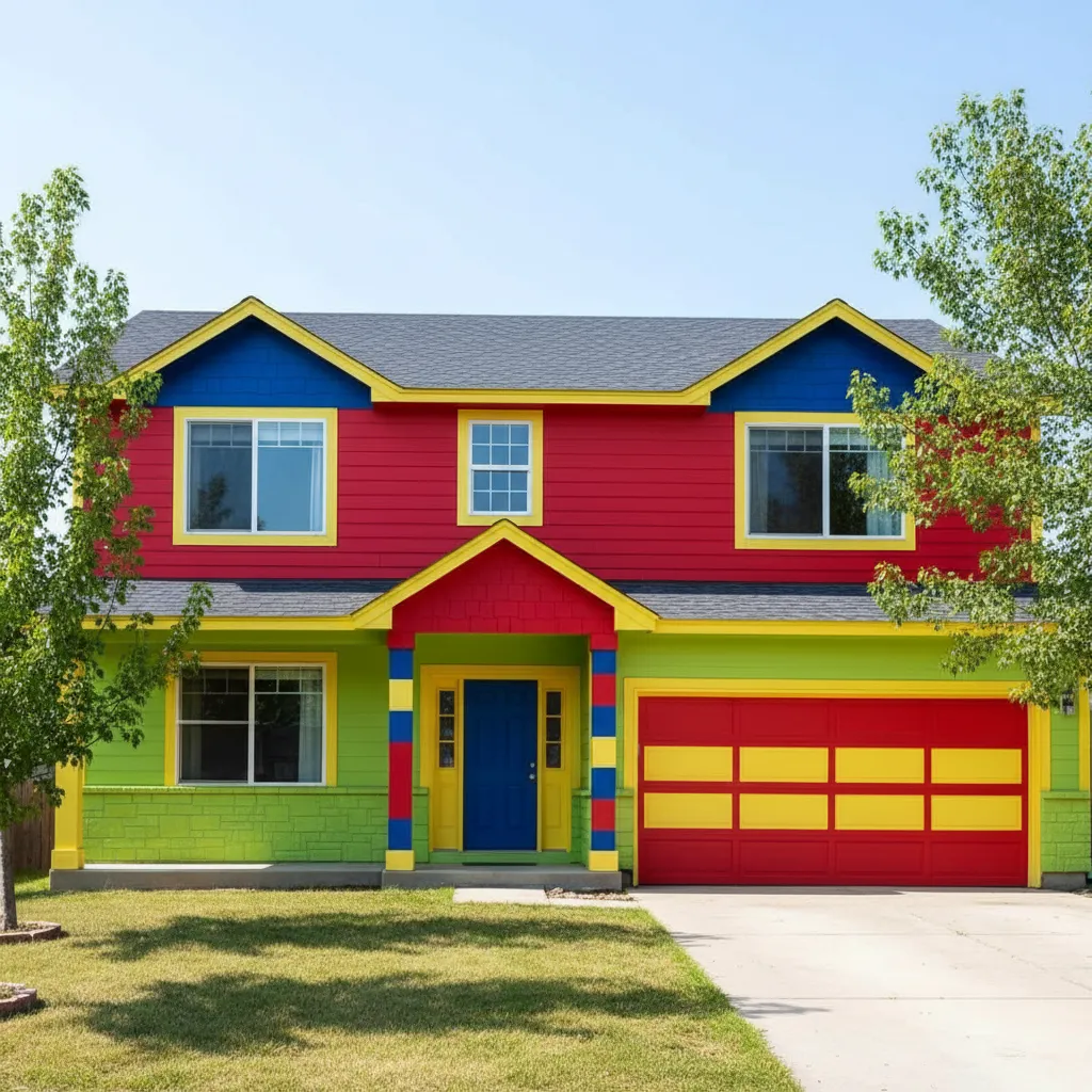 Brightly colored house featuring vibrant red green blue and yellow paint on the home exterior