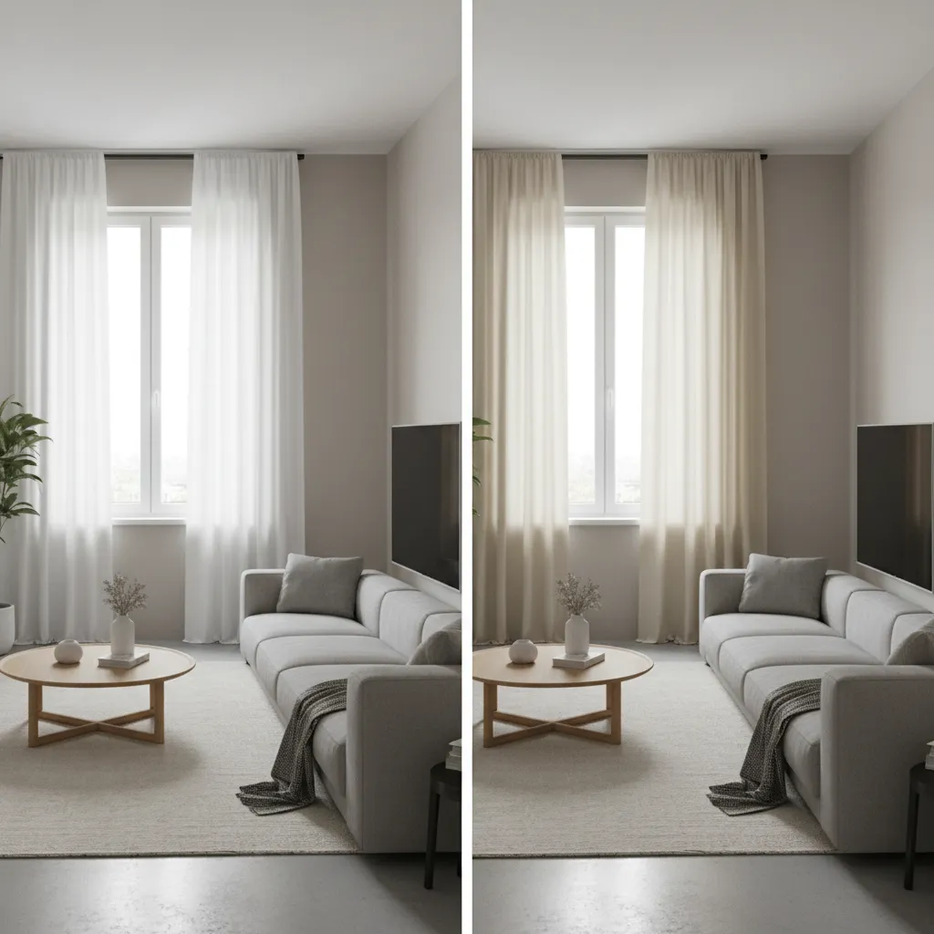 Living room interior design drawing comparing white window curtains against warm cream colored window curtain designs