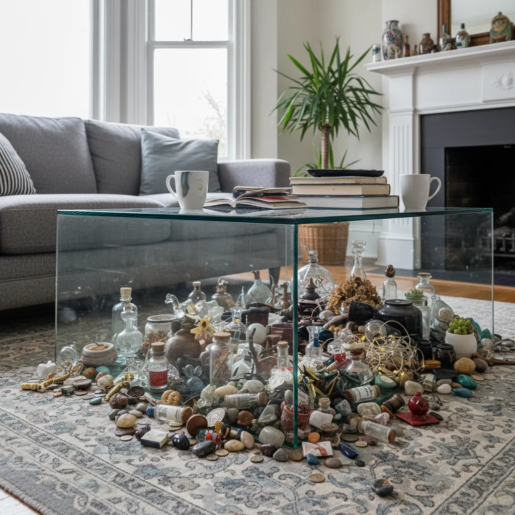 Mesa de cristal con demasiados objetos decorativos