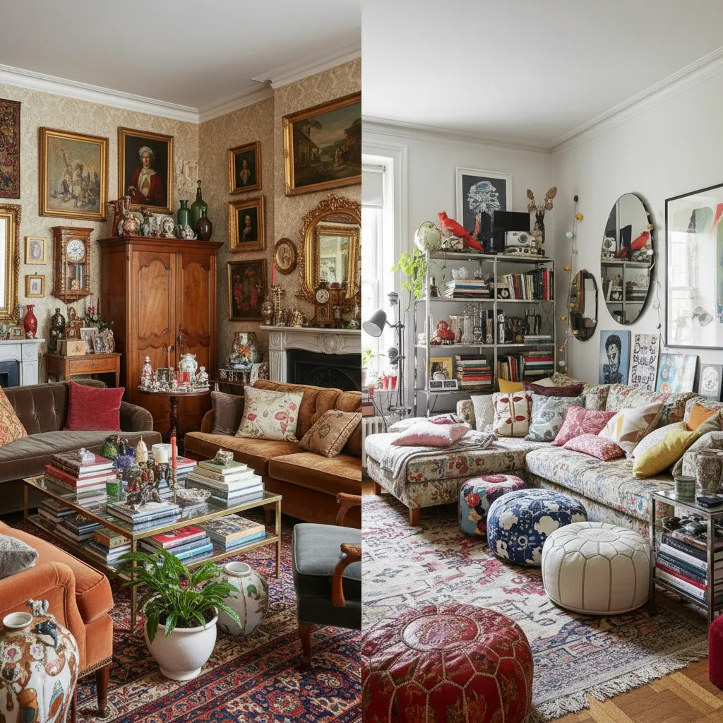 Interior con demasiados elementos decorativos comparado con espacio sencillo