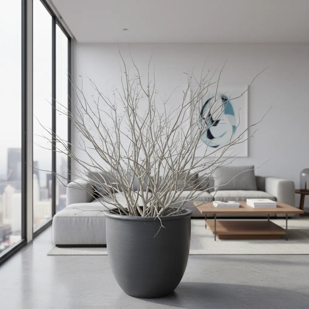 Modern living room with gray pot holding dry branches near sofa and wooden coffee table
