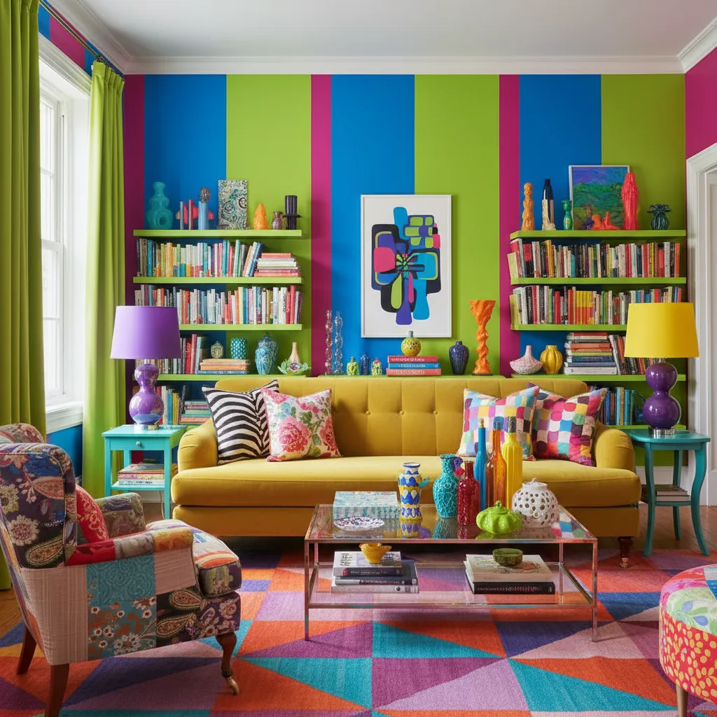 Bright living room featuring yellow sofa colorful striped walls green bookshelves purple lamps and rug