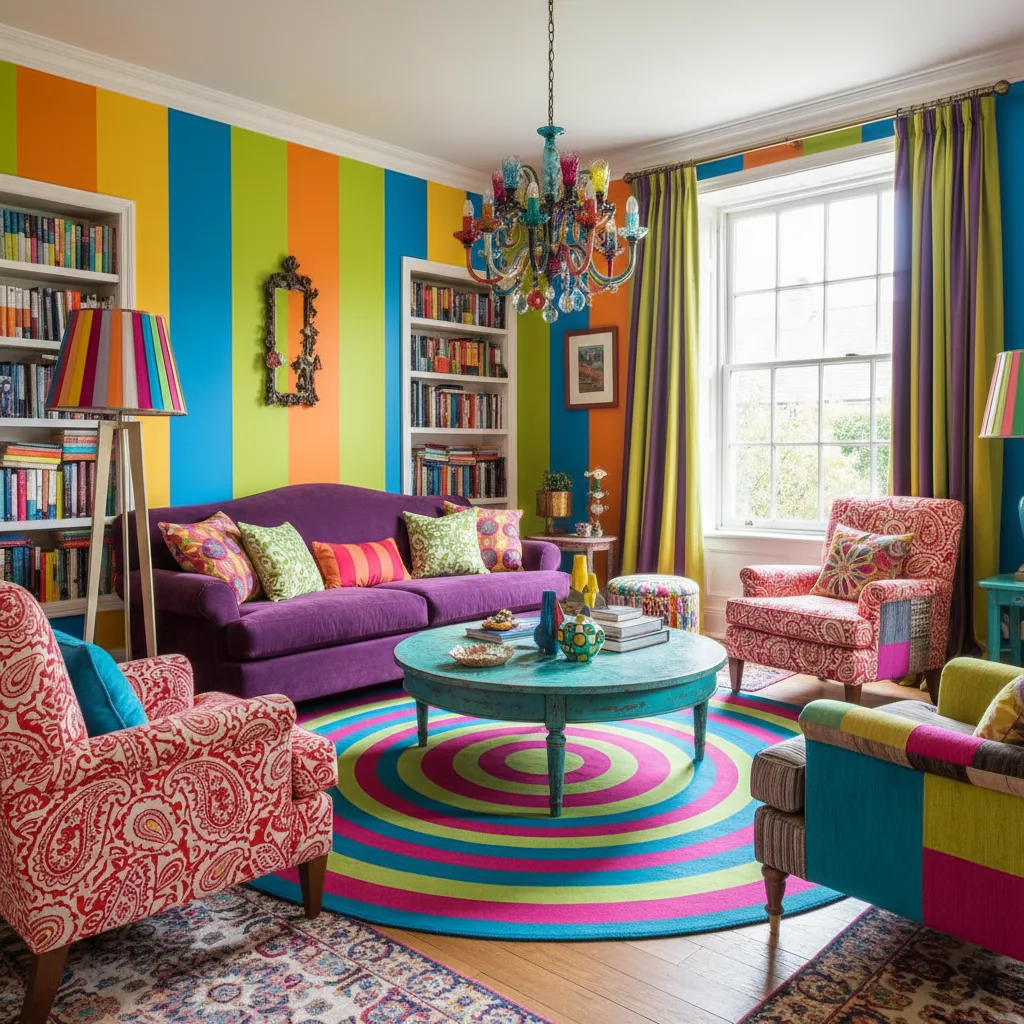 Colorful living room with purple sofa teal coffee table striped walls and bright ceiling light