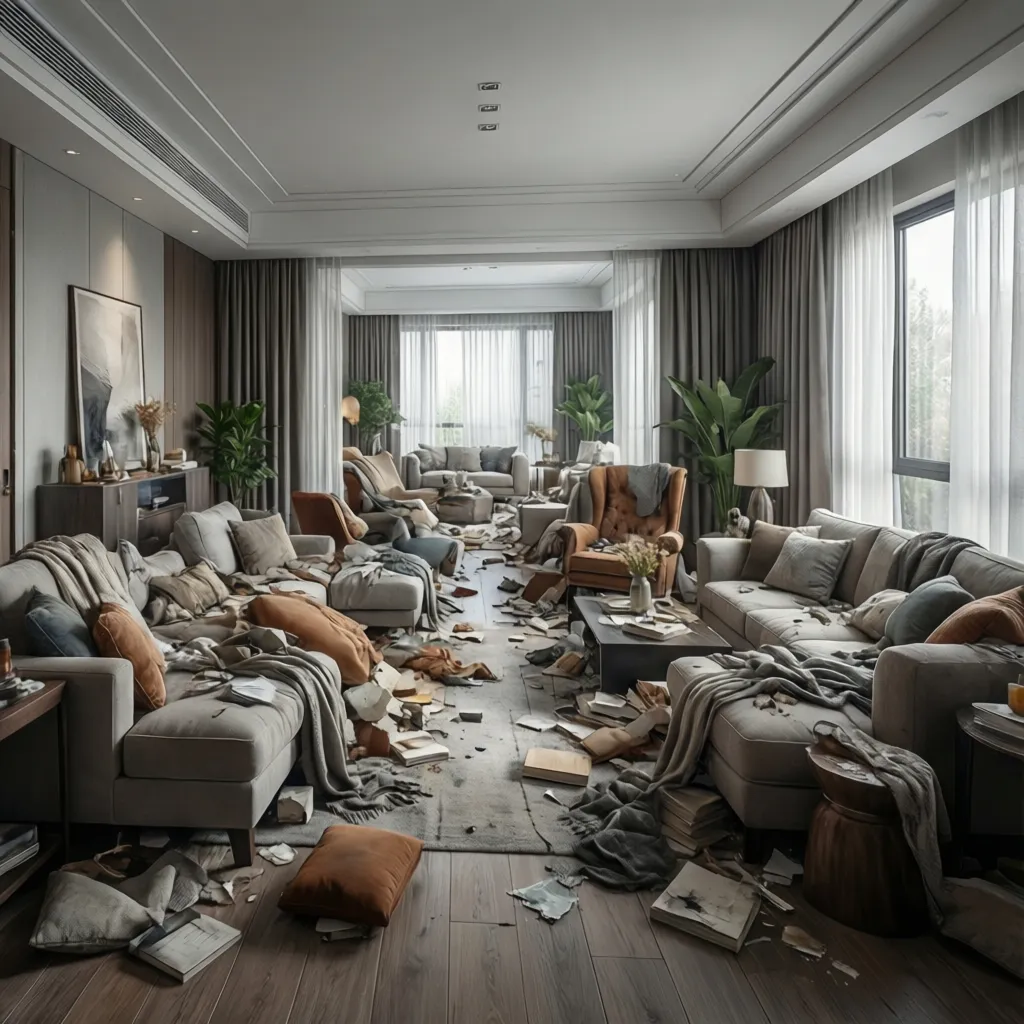 Modelo 3D de salón con mala distribución de muebles