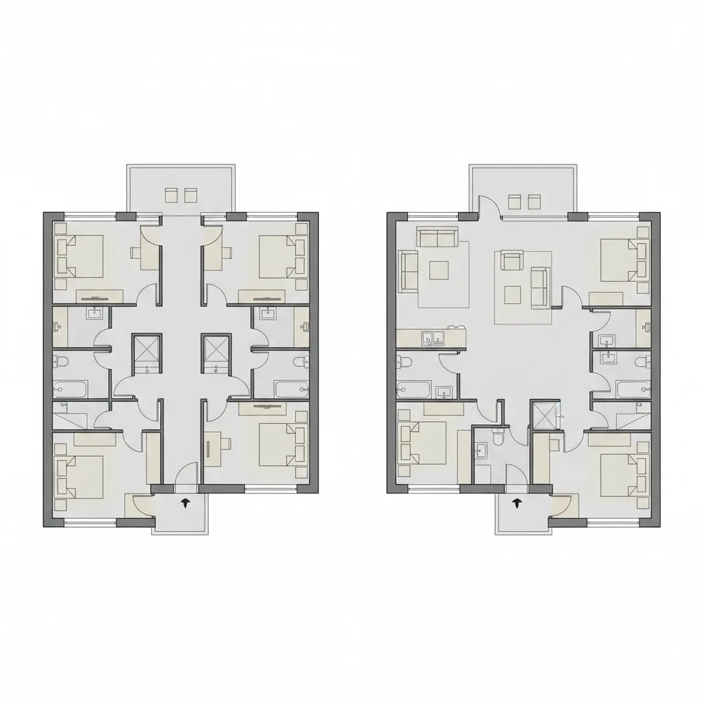Comparison of two 2D room layouts showing different furniture arrangements for a small apartment space