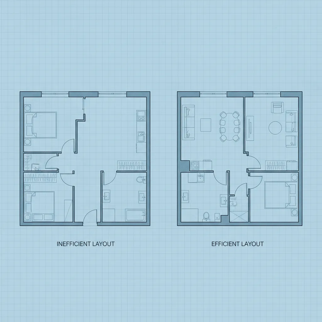 Plano de vivienda pequeña con pasillo largo que desperdicia espacio