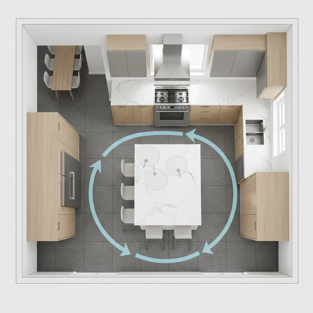 Plano de cocina mostrando un error de circulación alrededor de una isla