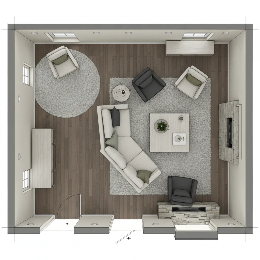 Plano de salón con mala distribución de muebles