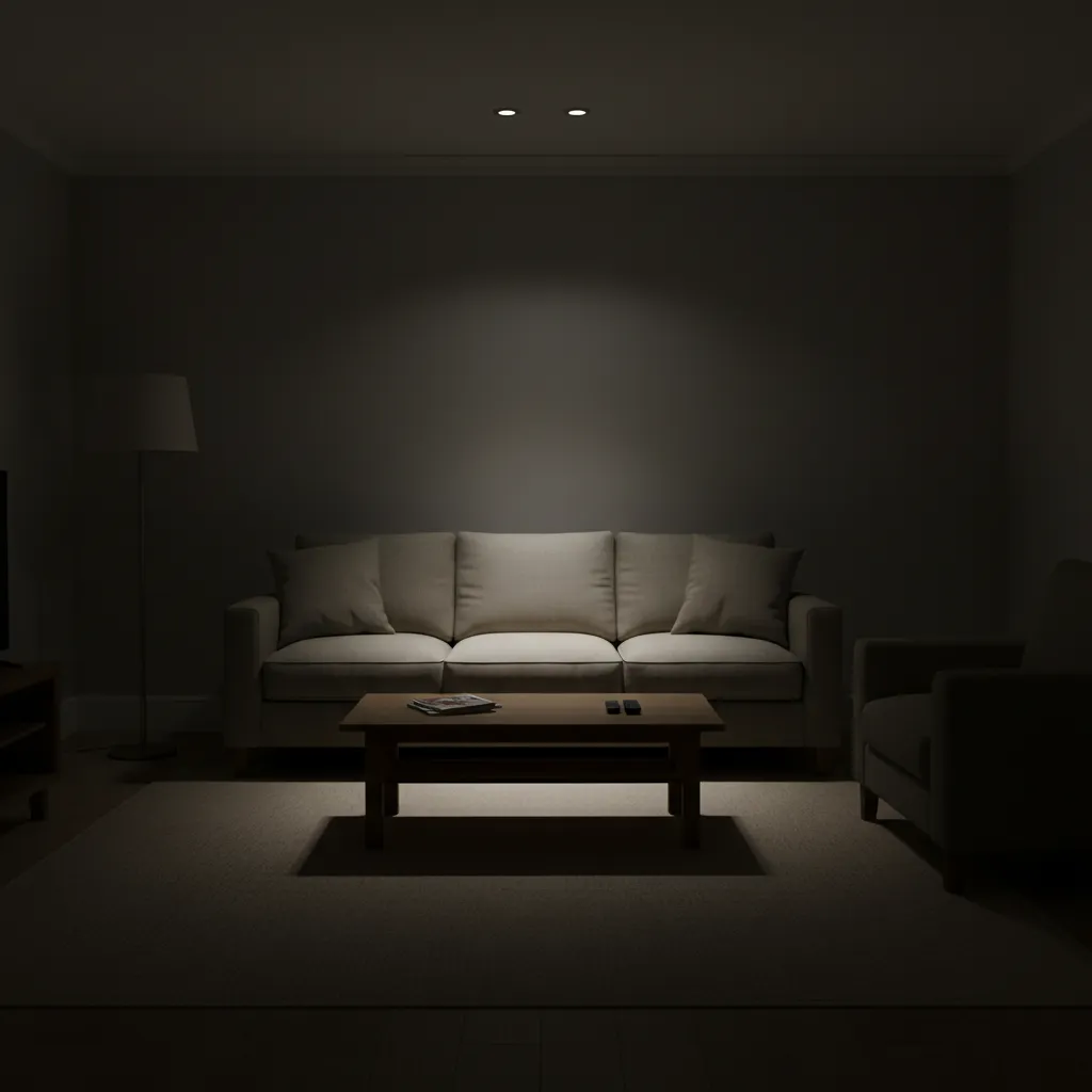 Dark living room with ceiling light shining on a grey sofa and wooden coffee table