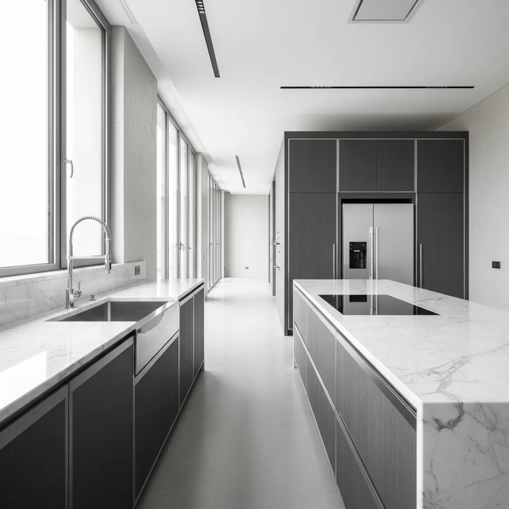 Cocina visualmente atractiva pero con distribución poco funcional