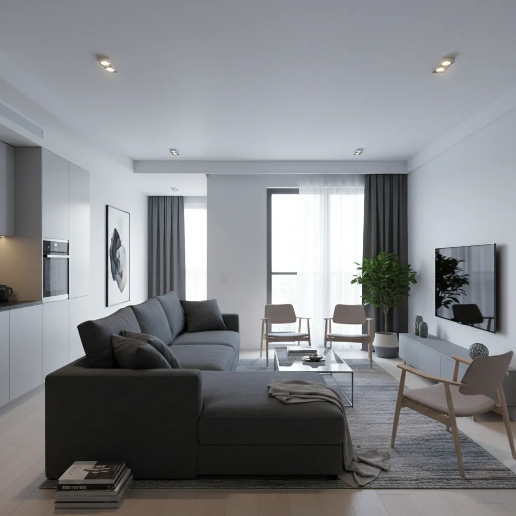 Modern living room with grey sofa glass coffee table and wall mounted television near windows