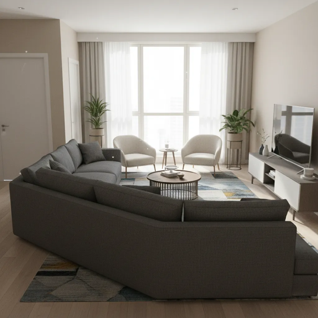 Sala con sofá demasiado grande bloqueando el paso