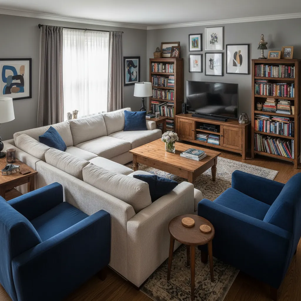 Habitación con muebles demasiado grandes ocupando el espacio