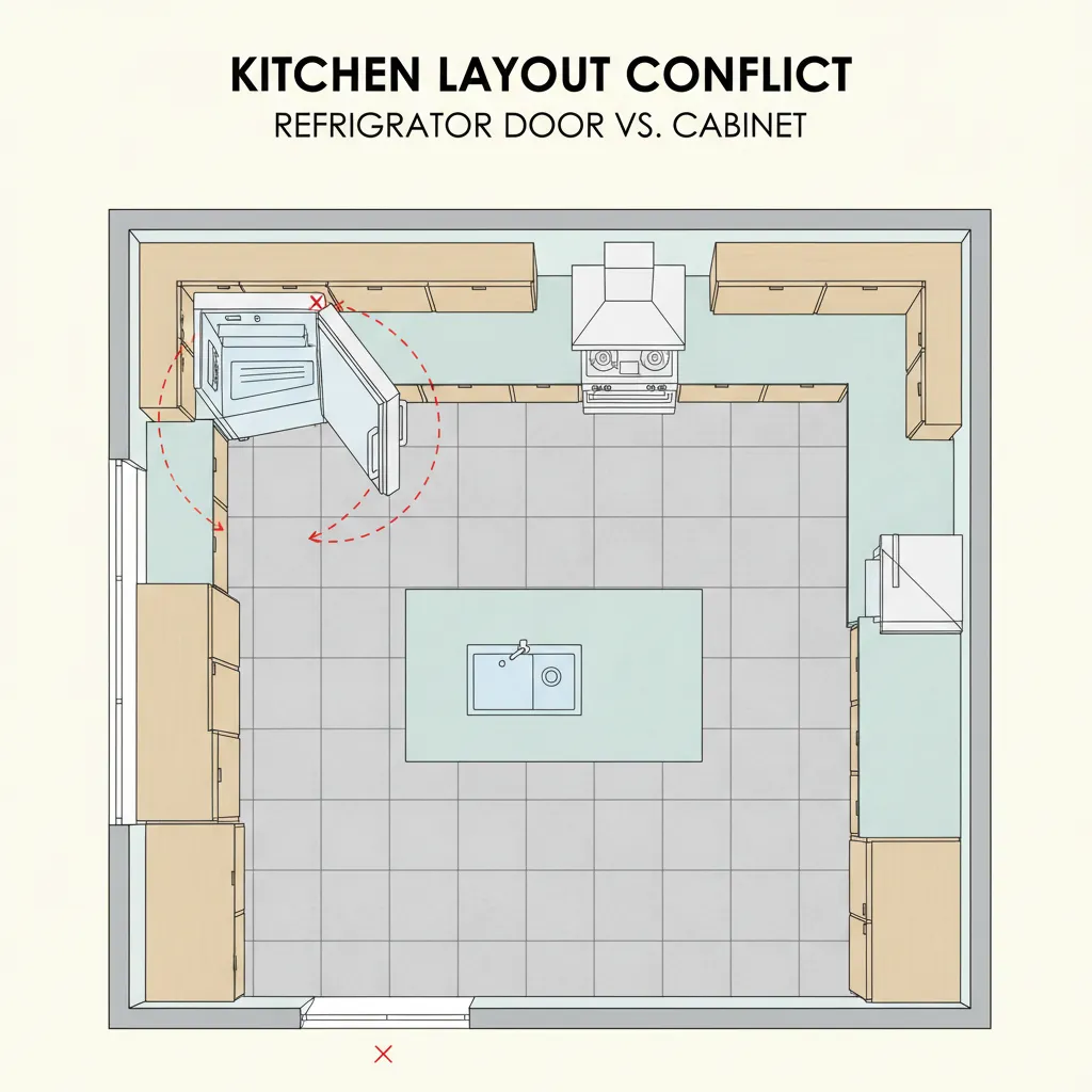 Plano de cocina con error donde la puerta de la nevera choca con muebles