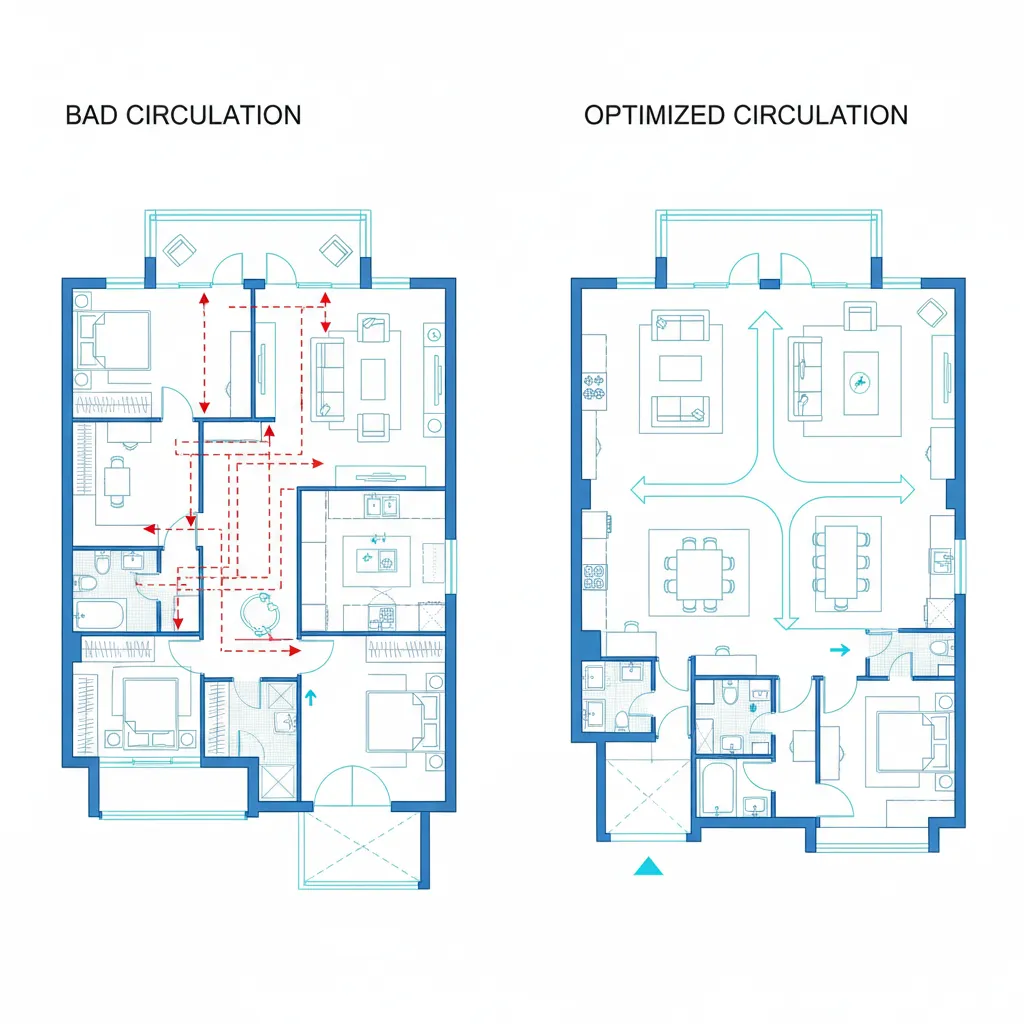 Comparación visual de un plano con mala circulación y otro optimizado