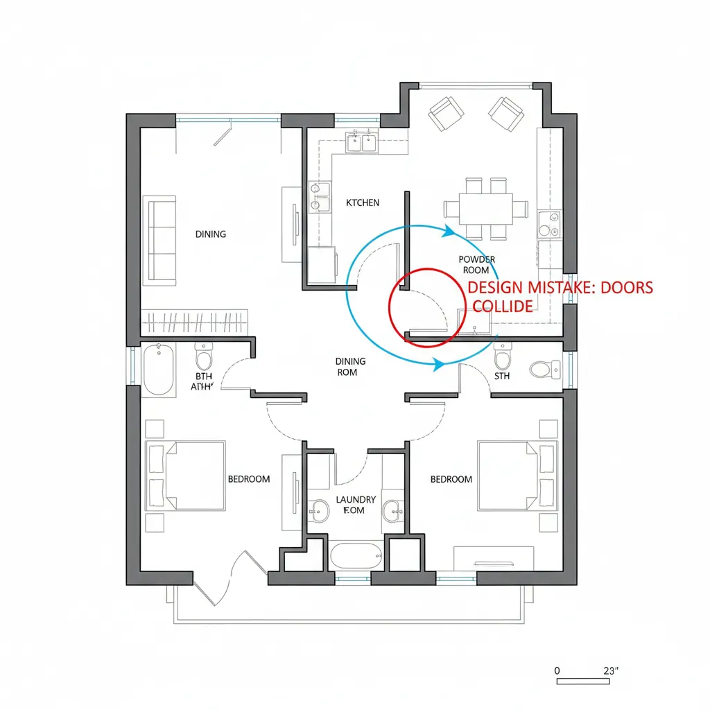 Ejemplo de error de distribución en plano de vivienda con puertas que chocan
