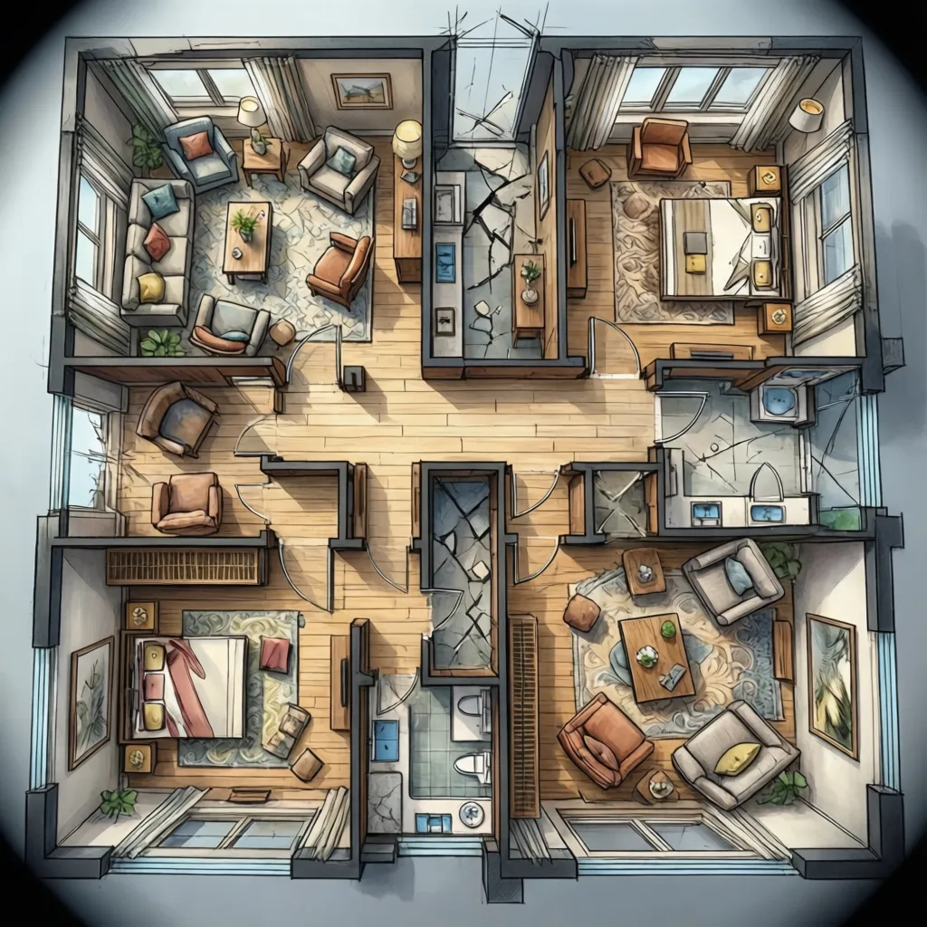 Plano de casa con mala distribución de muebles y espacios reducidos