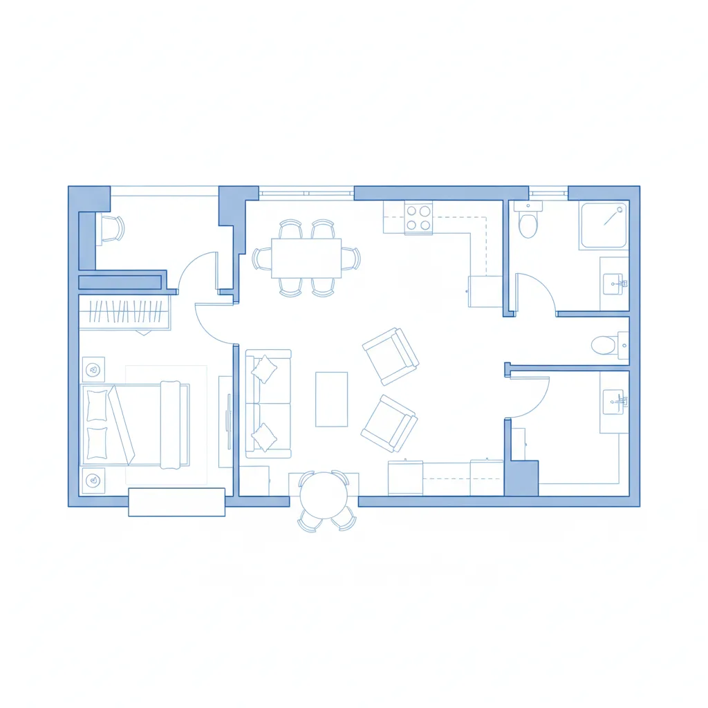 Plano de casa con muebles superpuestos mostrando error de espacio