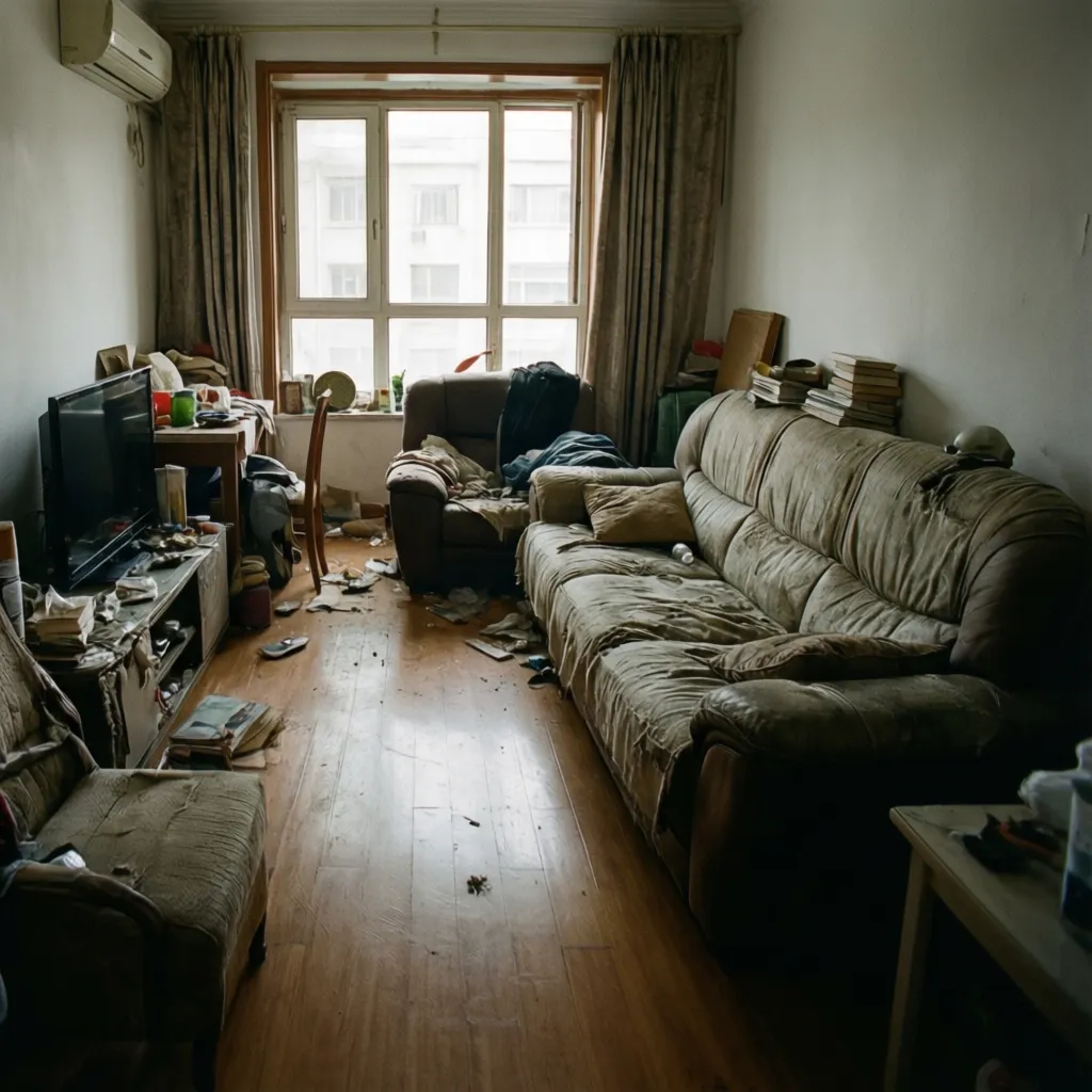 Sala con muebles grandes que bloquean la circulación