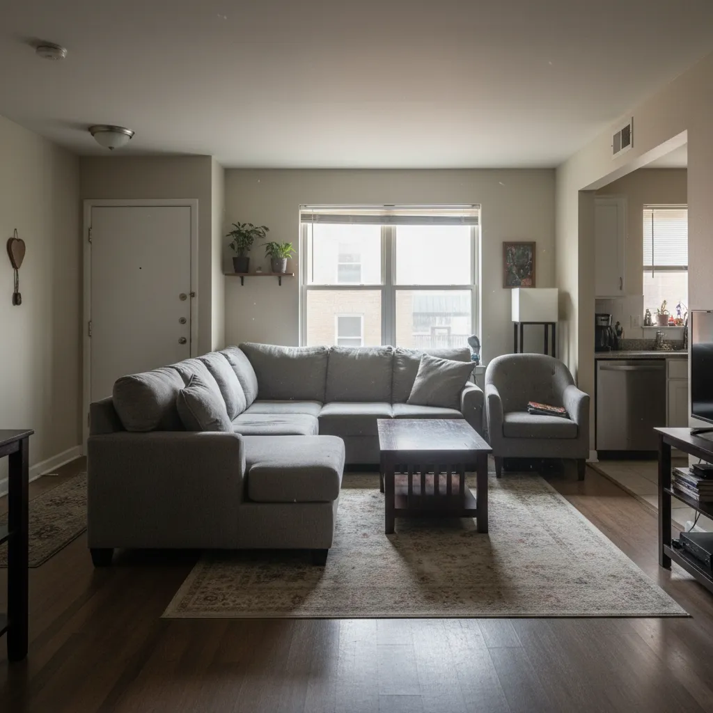 Sala de estar con mala distribución de muebles bloqueando el paso