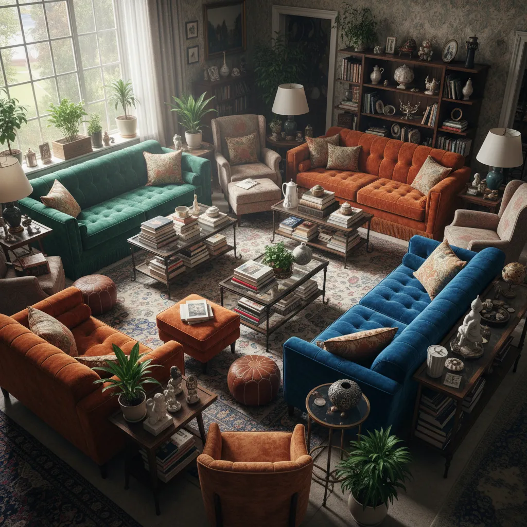 Overcrowded living room filled with colorful sofas many books on tables and cluttered wooden shelves